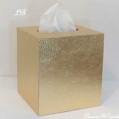 Metallic Gold Tissue Box Cover - Lychee Textured Vinyl Tissue Holder, Faux Leather Square Tissue Box