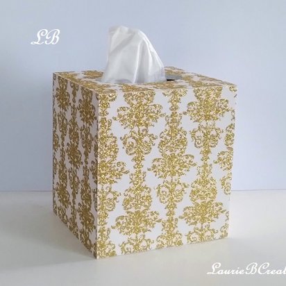 White & Gold Damask Tissue Box Cover - White w/Sparkling Gold Glitter Design, Square Tissue Holder