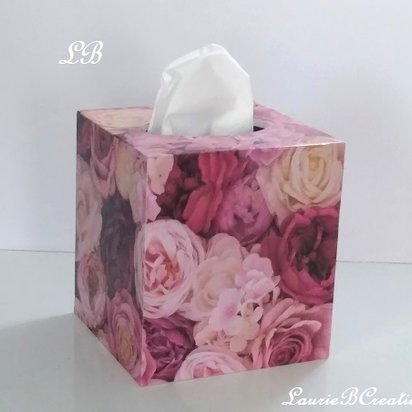 Pink Roses Tissue Box Cover - Floral Decoupage Square Tissue Holder
