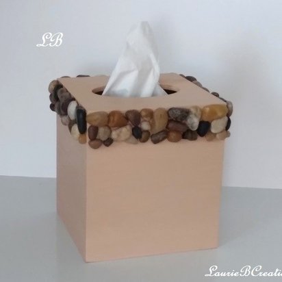 River Rock Tissue Box Cover - Handpainted Beige with Natural Stone River Rock Pebbles