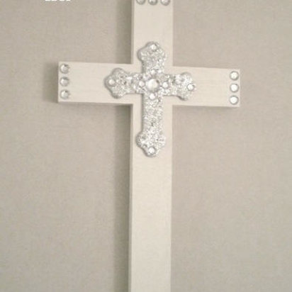 Bling & Glitter Cross- Handpainted Wood Cross in a Variety of Colors w/silver glitter cross and clear rhinestones - 9.5" or 12"