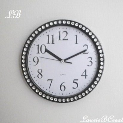 Bling Wall Clock - Decorative Round Black and White Clock w/ Sparkling Clear Rhinestones - 9"