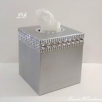 Bling Tissue Box Cover-Handpainted Metallic Silver or Variety of Colors-w/Clear Rhinestones and Silver Diamond Wrap