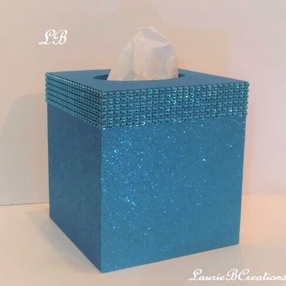 Aqua Blue Glitter & Diamond Wrap Tissue Box Cover-Sparkling Fine Glitter-w/ Diamond Wrap Rhinestone Bling