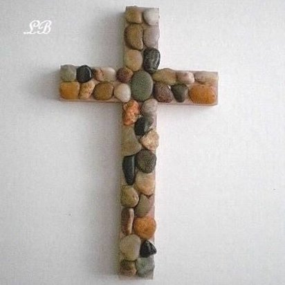 River Rock Wall Cross - Hand Painted Beige Wood Cross W/ River Pebble Rocks- 12" Natural Stone Cross for Home, Office, Patio