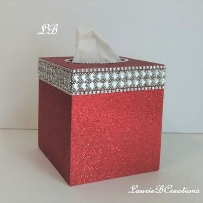 Glitter & Bling Tissue Box Cover-Fine Glitter w/Crystal Glass Rhinestone Trim and Diamond Wrap Bling- Home, Bath, Wedding, Christmas, Gift