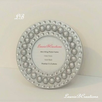 Mini Round Bling Picture Frame - Handpainted Beaded Desktop Frame In a Variety of Colors w/Clear Rhinestones- 3" x 3" photos or info