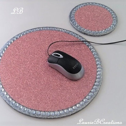 Glitter & Bling Mousepad Coaster Set - Sparkling Fine Glitter w/Clear Rhinestones