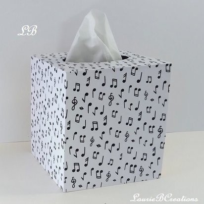 Musical Notes Tissue Box Cover - Black and White Decoupage Square Wood Tissue Holder
