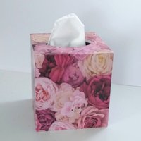Pink Roses Tissue Box Cover - Floral Decoupage Square Tissue Holder