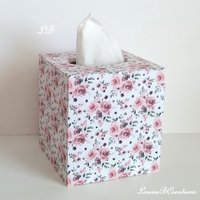 Floral Rose Tissue Box Cover - Decoupage white with shabby chic watercolor roses and leaves 