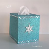 Glitter & Bling Snowflake Tissue Box Cover - Sparkling square tissue holder w/ fine glitter and clear rhinestones