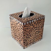 Animal Print & Bling Tissue Box Cover - Decoupage Tissue Holder with Cheetah/Leopard Design and Clear Rhinestones 