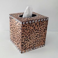 Animal Print & Bling Tissue Box Cover - Decoupage Tissue Holder with Cheetah/Leopard Design and Clear Rhinestones 