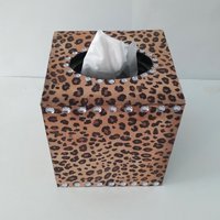 Animal Print & Bling Tissue Box Cover - Decoupage Tissue Holder with Cheetah/Leopard Design and Clear Rhinestones 