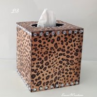 Animal Print & Bling Tissue Box Cover - Decoupage Tissue Holder with Cheetah/Leopard Design and Clear Rhinestones 