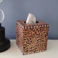 Animal Print & Bling Tissue Box Cover - Decoupage Tissue Holder with Cheetah/Leopard Design and Clear Rhinestones 