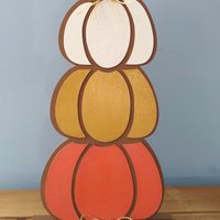 Stacked Wood Pumpkins - Handpainted Fall decor in brown with colorful sparkling pumpkins, Thanksgiving
