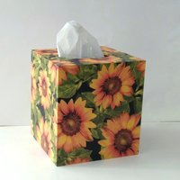 Sunflower Tissue Box Cover - Decoupage with golden yellow flowers, green leaves and black background