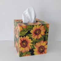 Sunflower Tissue Box Cover - Decoupage with golden yellow flowers, green leaves and black background