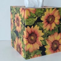Sunflower Tissue Box Cover - Decoupage with golden yellow flowers, green leaves and black background
