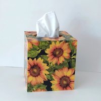 Sunflower Tissue Box Cover - Decoupage with golden yellow flowers, green leaves and black background