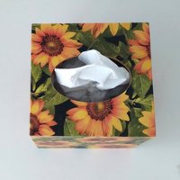Sunflower Tissue Box Cover - Decoupage with golden yellow flowers, green leaves and black background