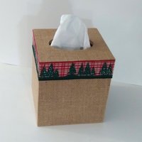 Burlap & Christmas Trees Tissue Box Cover - Square burlap tissue holder with red and green holiday trim