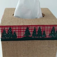 Burlap & Christmas Trees Tissue Box Cover - Square burlap tissue holder with red and green holiday trim