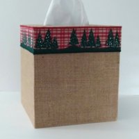 Burlap & Christmas Trees Tissue Box Cover - Square burlap tissue holder with red and green holiday trim
