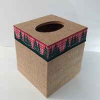 Burlap & Christmas Trees Tissue Box Cover - Square burlap tissue holder with red and green holiday trim