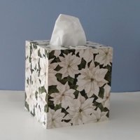 White Poinsettias Tissue Box Cover - Decoupage square tissue holder with winter flowers and leaves