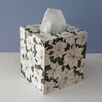 White Poinsettias Tissue Box Cover - Decoupage square tissue holder with winter flowers and leaves