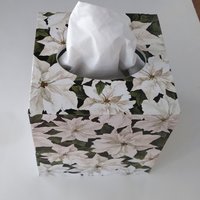 White Poinsettias Tissue Box Cover - Decoupage square tissue holder with winter flowers and leaves
