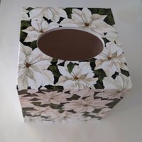 White Poinsettias Tissue Box Cover - Decoupage square tissue holder with winter flowers and leaves