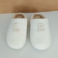 Bling Letter Slippers -  Ivory & tan with pearl rhinestone initials