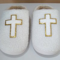 Cross Slippers - Ivory & tan with chenille gold lined cross 