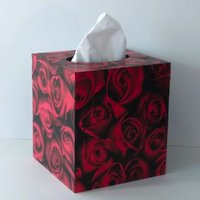 Red Rose Tissue Box Cover- Floral Decoupage Square Tissue Holder