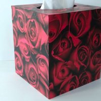 Red Rose Tissue Box Cover- Floral Decoupage Square Tissue Holder