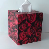 Red Rose Tissue Box Cover- Floral Decoupage Square Tissue Holder