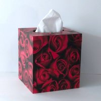 Red Rose Tissue Box Cover- Floral Decoupage Square Tissue Holder