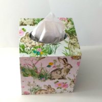 Floral Bunny Tissue Box Cover - Decoupage pastel flowers and vintage rabbit on linen design