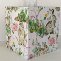 Floral Bunny Tissue Box Cover - Decoupage pastel flowers and vintage rabbit on linen design