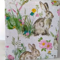Floral Bunny Tissue Box Cover - Decoupage pastel flowers and vintage rabbit on linen design
