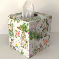 Floral Bunny Tissue Box Cover - Decoupage pastel flowers and vintage rabbit on linen design