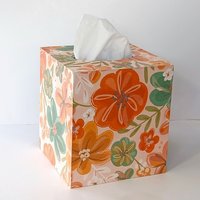 Floral Tissue Box Cover- Decoupage with orange, green yellow and white flower design