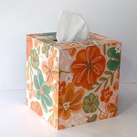 Floral Tissue Box Cover- Decoupage with orange, green yellow and white flower design
