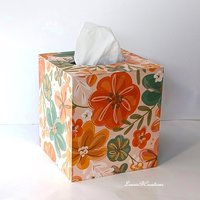 Floral Tissue Box Cover- Decoupage with orange, green yellow and white flower design