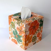 Floral Tissue Box Cover- Decoupage with orange, green yellow and white flower design