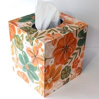 Floral Tissue Box Cover- Decoupage with orange, green yellow and white flower design